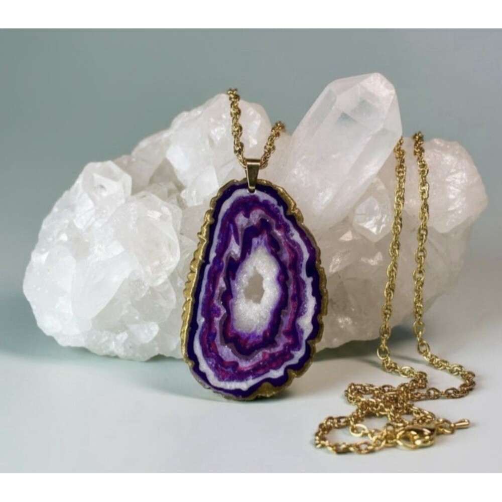 Handmade Faux Purple Amethyst Geode Slice Druzy Pendant Statement Necklace